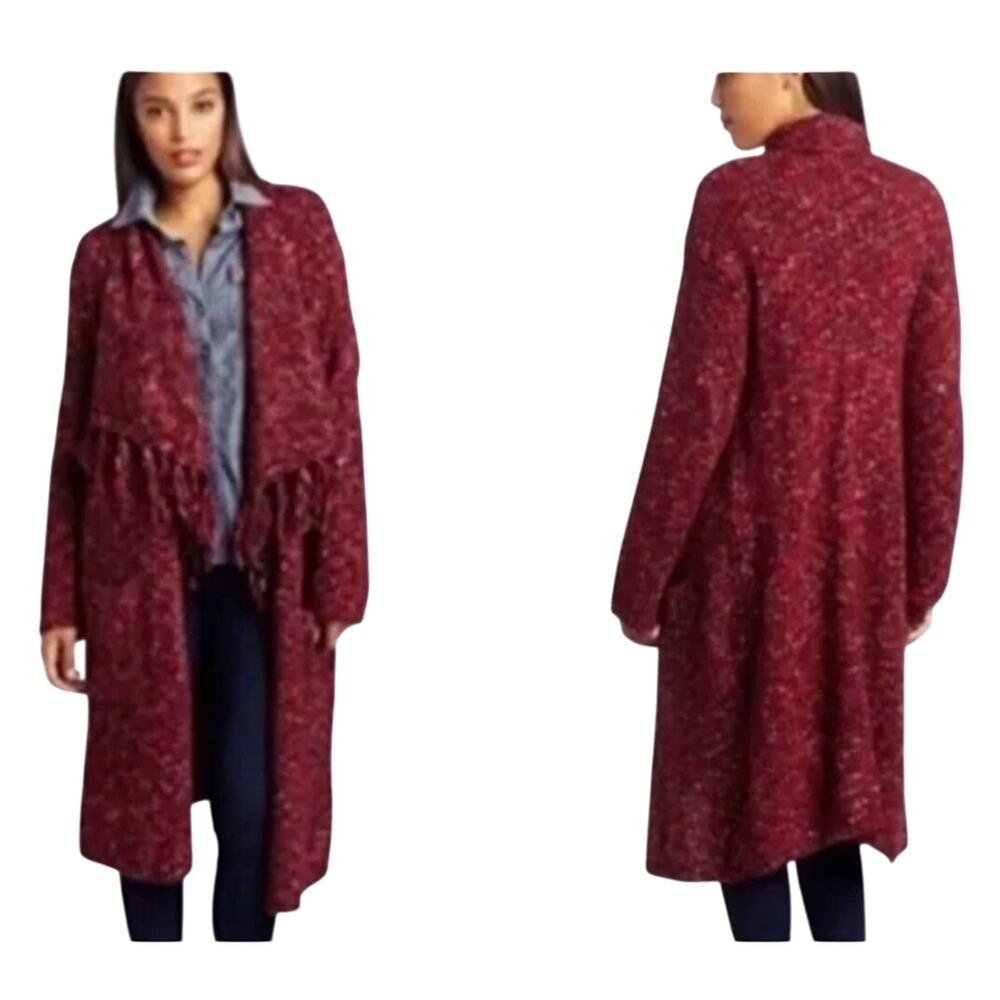 Boho Cozycore Lucky Brand ladies wool/mohair fringe cardigan red Size Small
